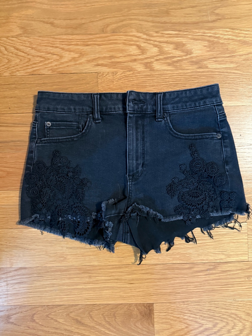 American Eagle Black Denim Shorts with Black Lace Appliqué